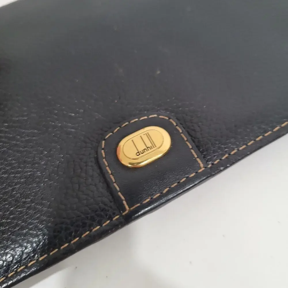 Dunhill Designer Card Bill Holder Wallet Black Bifold Pebble Leather Stitch Long